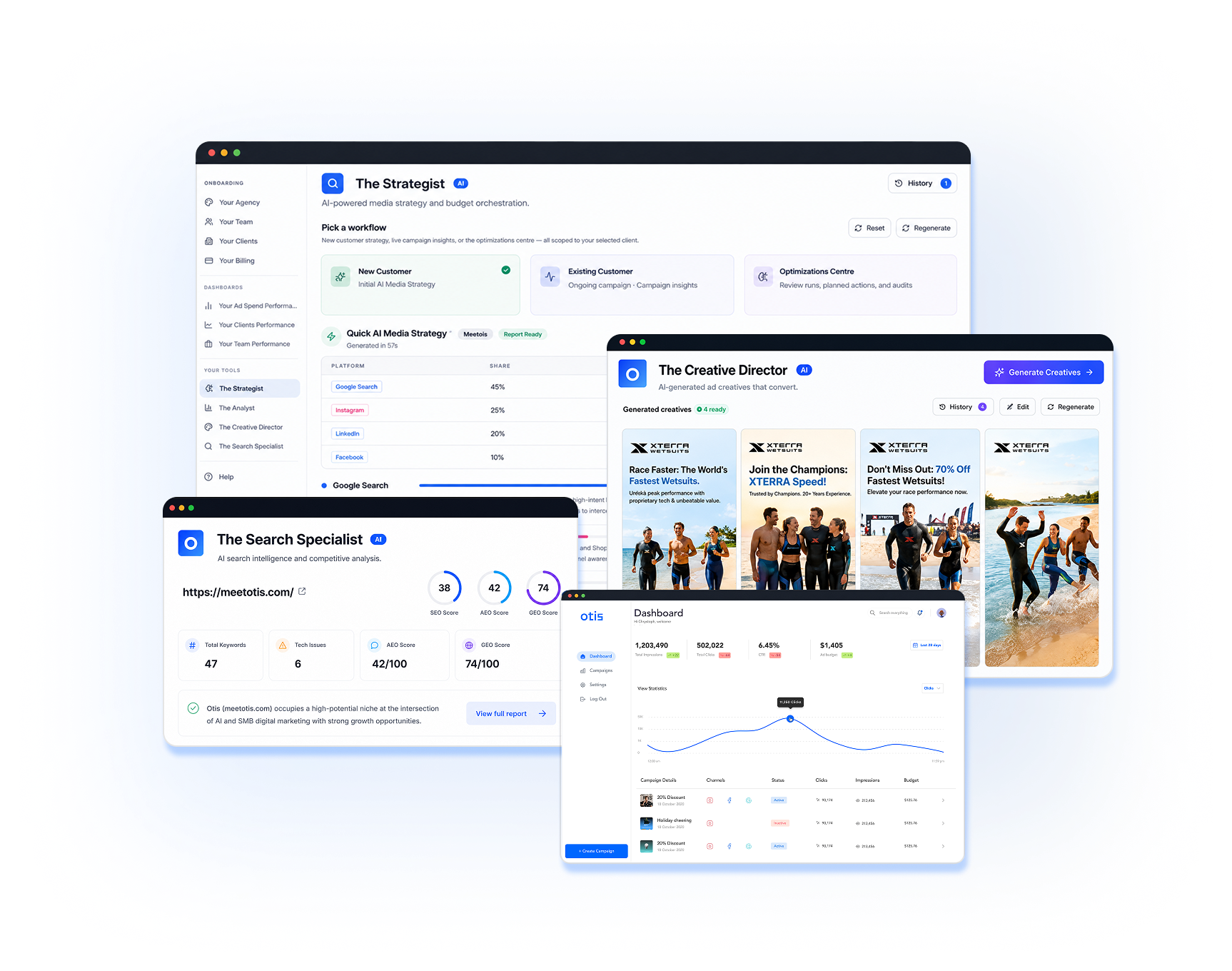 Otis AI product collage — Strategist, Creative Director, Search Specialist, and Dashboard
